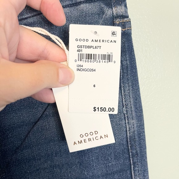 GOOD AMERICAN Blue Raw Distressed Good Curve Straight Leg Denim Jeans Size 6 NWT - Picture 10 of 16